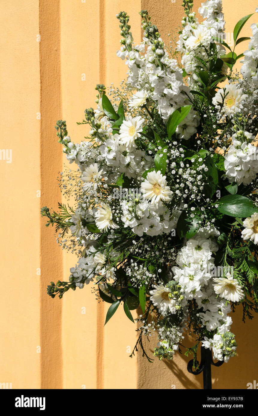 Blumenarrangement Chrysantheme und Schleierkraut. Stockfoto
