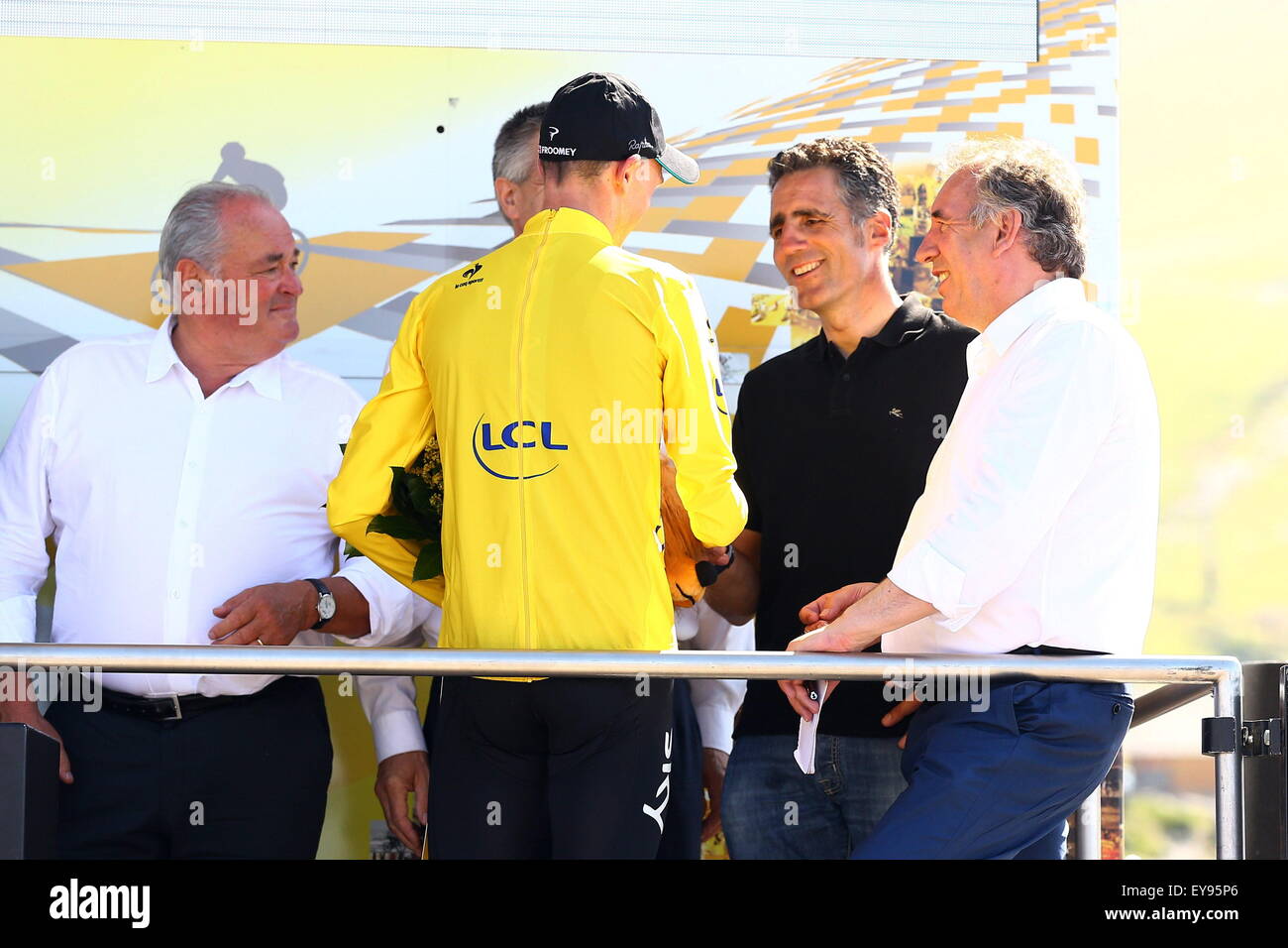 Victoire Chris Froome - Team Sky/Miguel Indurain/Francois Bayrou-14.07.2015 - Tour de France 2015 - Etape 10 - Tarbes/La Pierre Saint Martin.Photo: Blondeau/Aop Presse/Icon Sport. Lokale Beschriftung Stockfoto