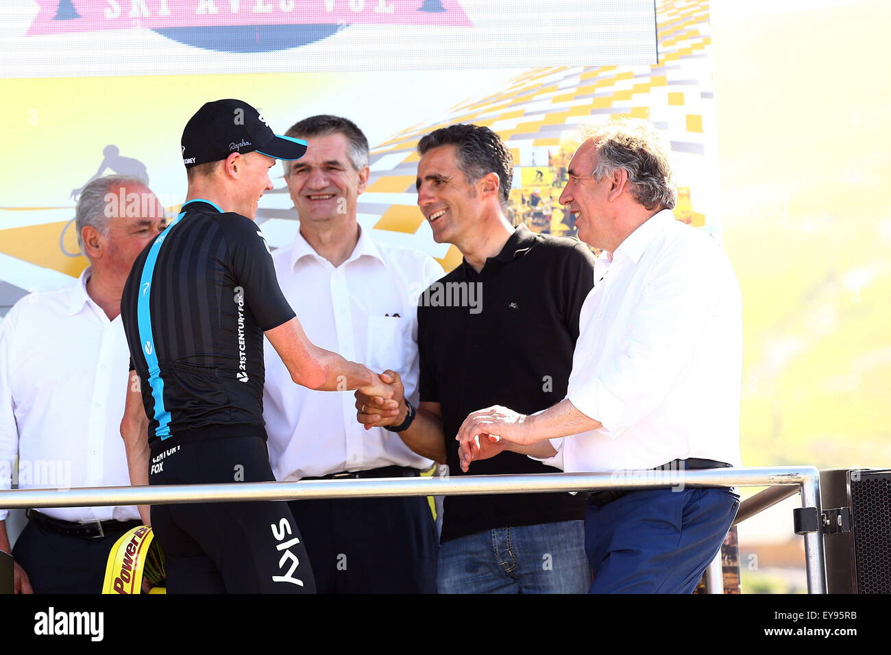 Victoire Chris Froome - Team Sky/Miguel Indurain/Francois Bayrou-14.07.2015 - Tour de France 2015 - Etape 10 - Tarbes/La Pierre Saint Martin.Photo: Blondeau/Aop Presse/Icon Sport. Lokale Beschriftung Stockfoto