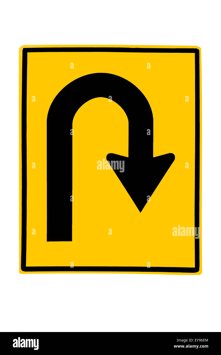 U-turn Roadsign - drehen gelbes Schild mit Symbol isoliert auf weißem Hintergrund Stockfoto