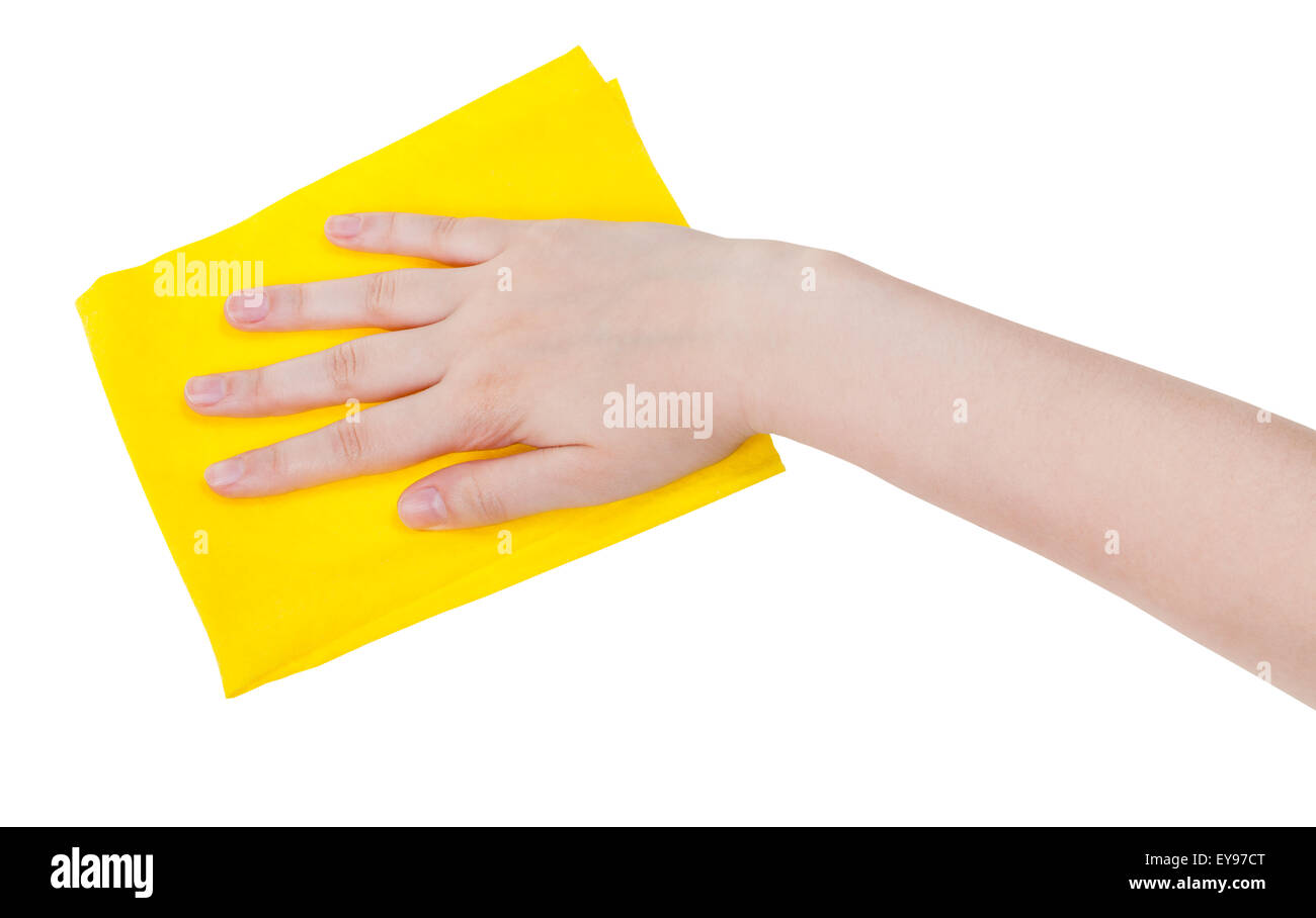Hand mit gelb Reinigung Lappen isoliert auf weißem Hintergrund Stockfoto