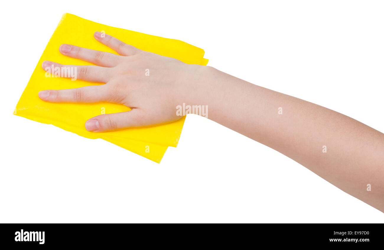 Hand mit gelb isoliert auf weißem Hintergrund Lappen abstauben Stockfoto