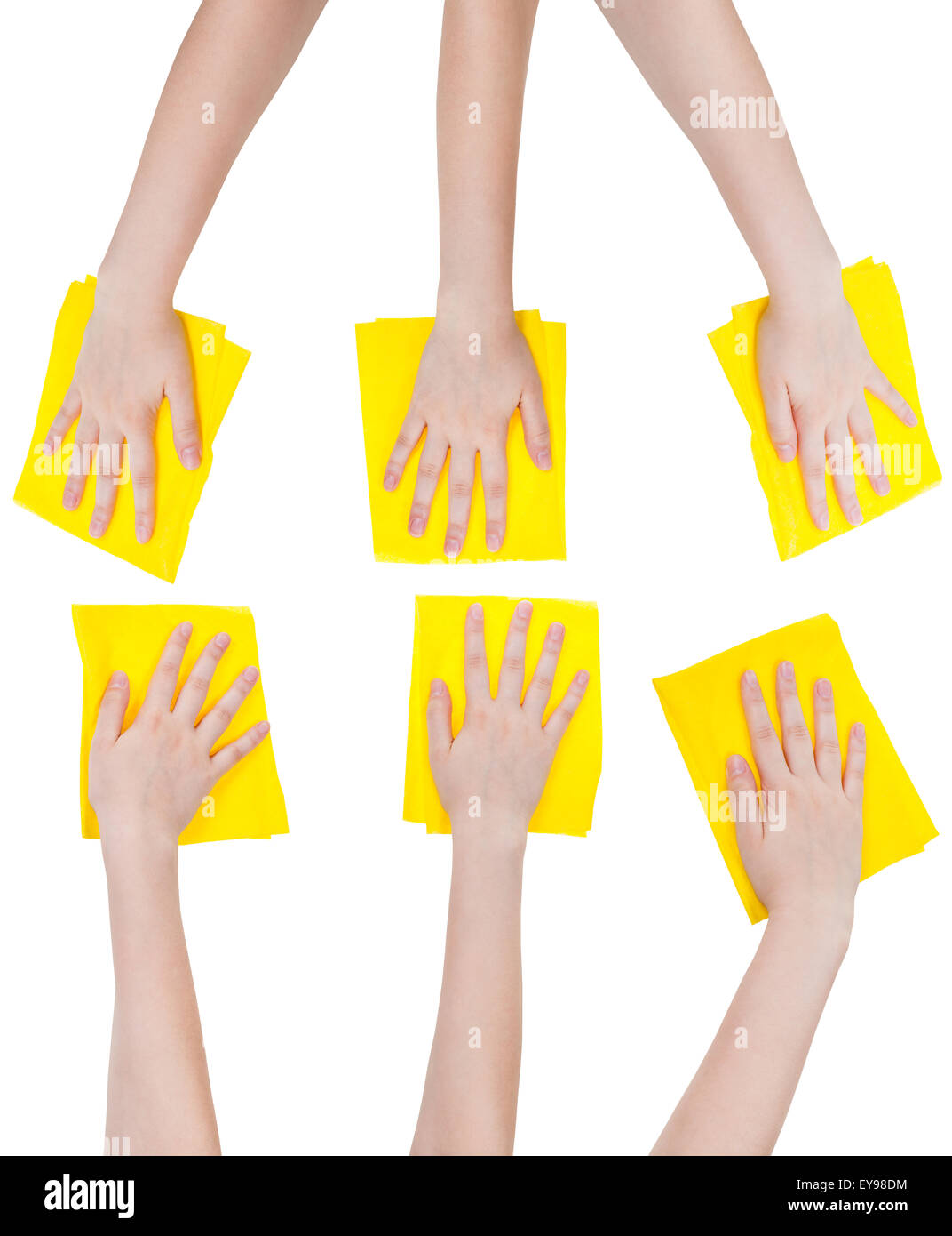 Reihe von Händen mit gelben Stoff Lumpen isoliert auf weißem Hintergrund Stockfoto