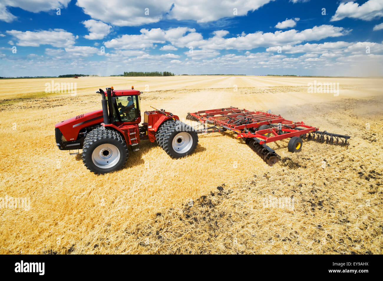 Ziehen einer Scheibenegge Traktor arbeitet mit Gerste Stoppeln, in der Nähe von Lorette Boden; Manitoba, Kanada Stockfoto