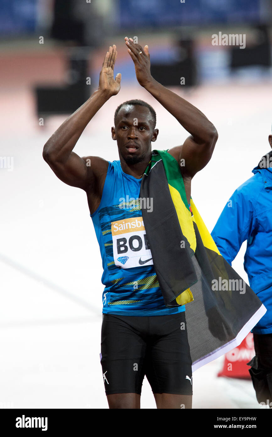 London, UK. 24. Juli 2015. Usain BOLT, Herren 100m Finale, Diamond League Sainsbury Jubiläumsspiele, Queen Elizabeth Olympic Park, Stratford, London, UK. Bildnachweis: Simon Balson/Alamy Live-Nachrichten Stockfoto