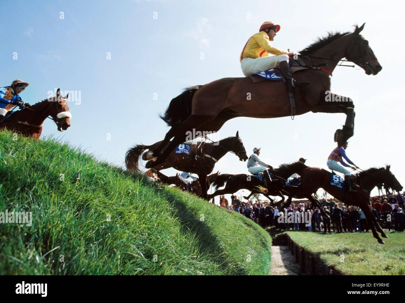 National Hunt Racing, Irland; Seitenansicht des Jockeys Reiten und Pferde In einem Rennen Stockfoto