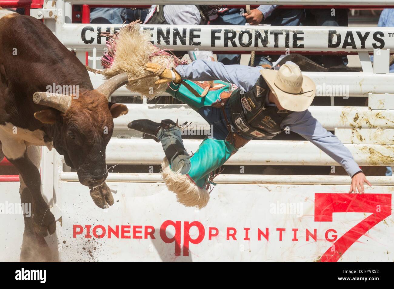 Cheyenne, Wyoming, USA. 24. Juli 2015. Bull-Fahrer, die Lon Danley Tularosa, New Mexico ausgelöst wird, von dem ich bin dein Huckleberry am Cheyenne Frontier Days Rodeo in Frontier Park Arena 24. Juli 2015 in Cheyenne, Wyoming. Frontier Days feiert die Cowboy Traditionen des Westens mit einem Rodeo, Parade und Fair. Stockfoto