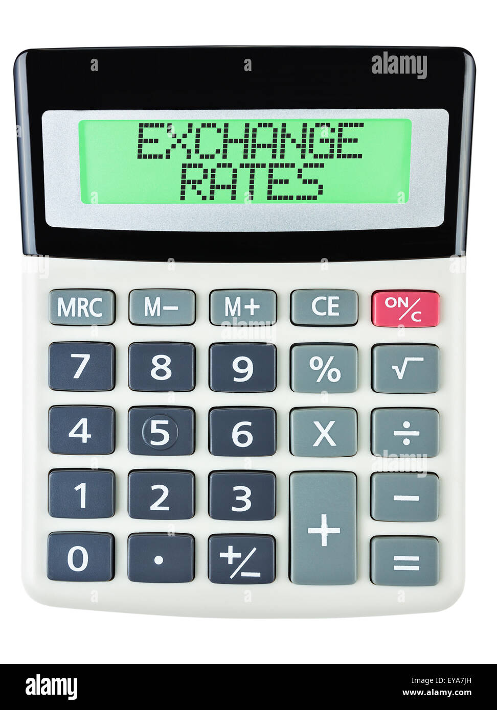 Rechner mit Wechselkursen auf dem Display auf weißem Hintergrund Stockfoto