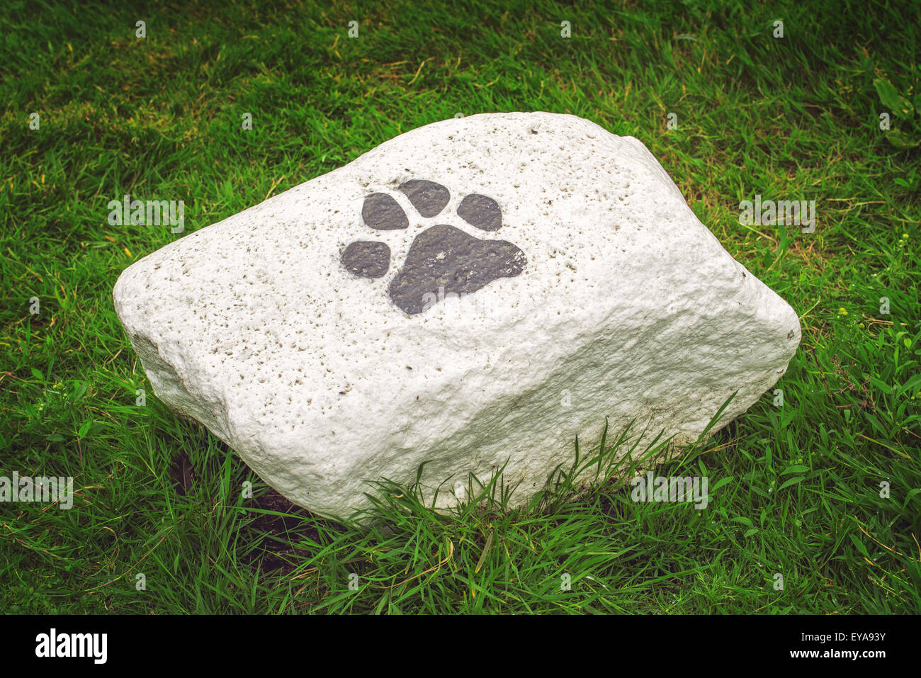 Weiße Stein mit Hund Pfote Symbol als Haustier Umgrenzung Kennzeichnung im Park Stockfoto