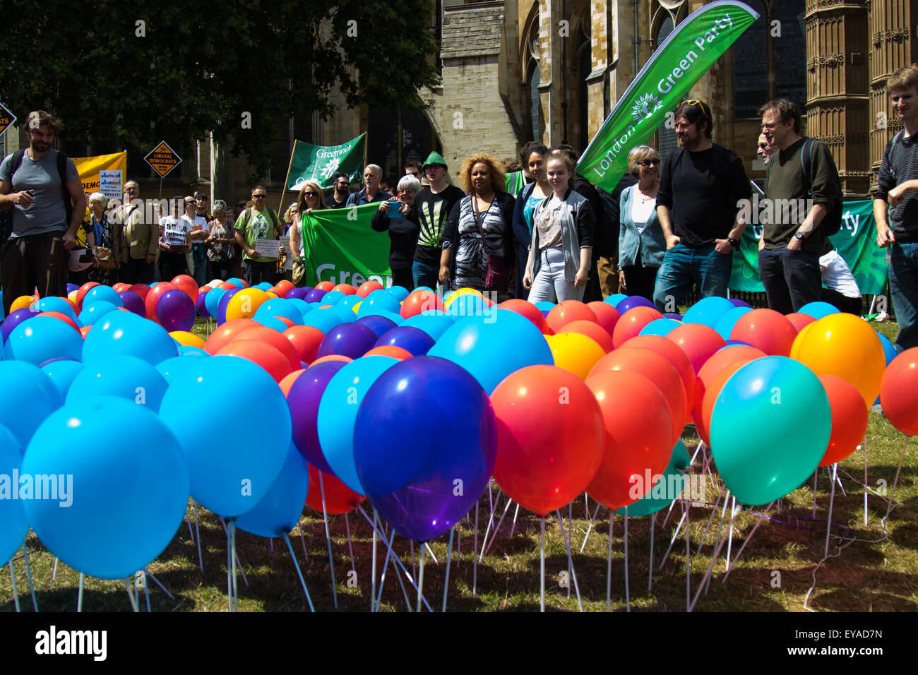 London, UK. 25. Juli 2015. Demonstranten versammeln sich vor den Houses of Parliament auf Nachfrage Wahlreform, einschließlich der Verhältniswahl, anstatt die First-Past-the-Post-Methode, die die Tories Verstärkung sah eine Mehrheit. : Credit: Paul Davey/Alamy Live-Nachrichten Stockfoto