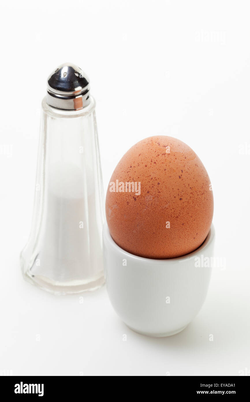 ganz braune Ei im Eierbecher und Salzstreuer Stockfoto