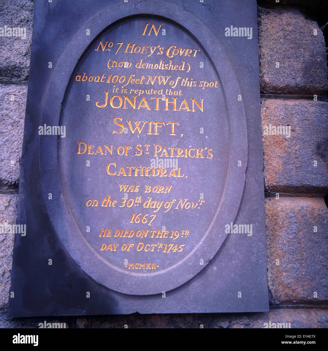 Plaque, Jonathan Swift, in der Nähe von Dublin Castle, Dublin, Co. Dublin, Irland Stockfoto