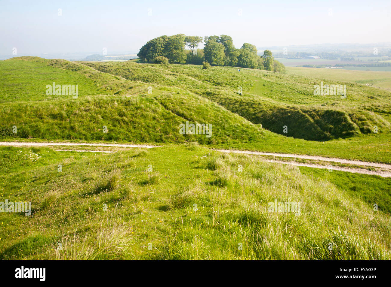 Eisenzeit Oldbury Castle Hill Fort Wälle Cherhill, Wiltshire, England, UK Stockfoto