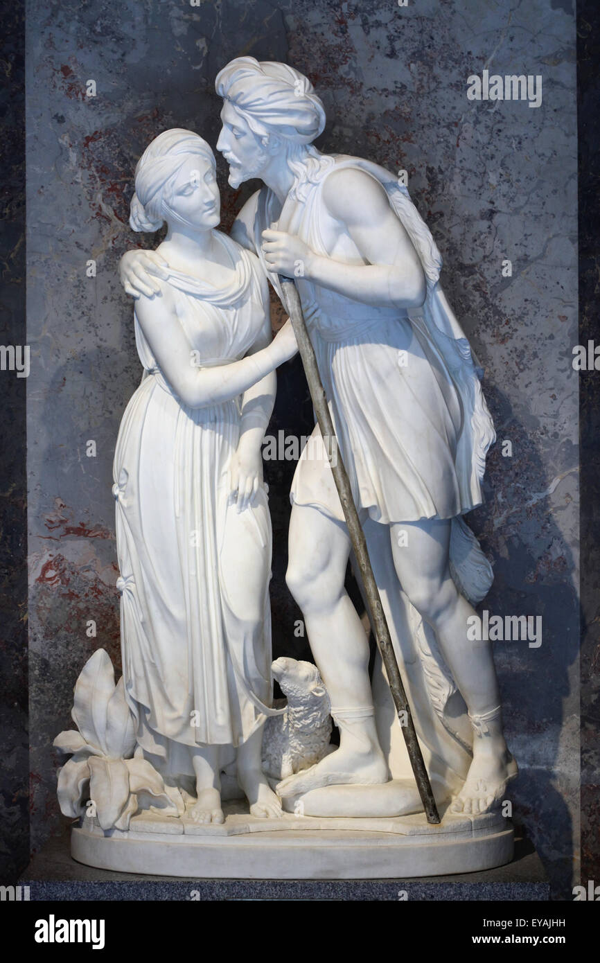 Jakob und Rahel am Brunnen. Marmorstatue des italienischen Bildhauers Democrito Gandolfi. Kunsthistorisches Museum, Wien, Österreich. Stockfoto