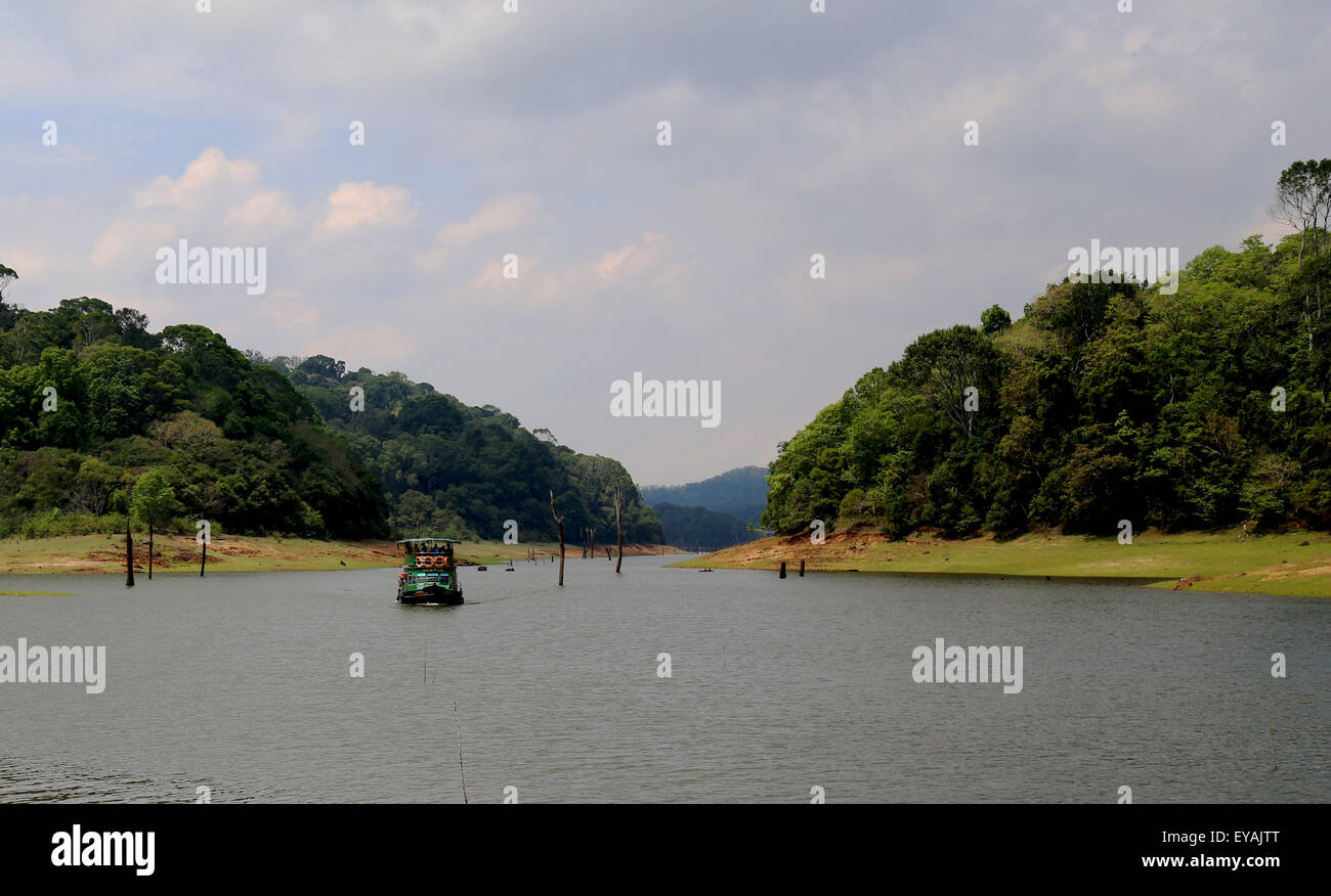 Ausflugsschiff waten durch die getrocknete Baum bleibt in der Periyar Tiger Reserve und Wild Life Sanctuary See in Thekkady Stockfoto