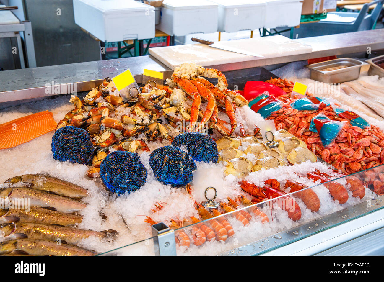 Verschiedene Meeresfrüchte in den Regalen der Fischmarkt in Norwegen, Bergen Stockfoto