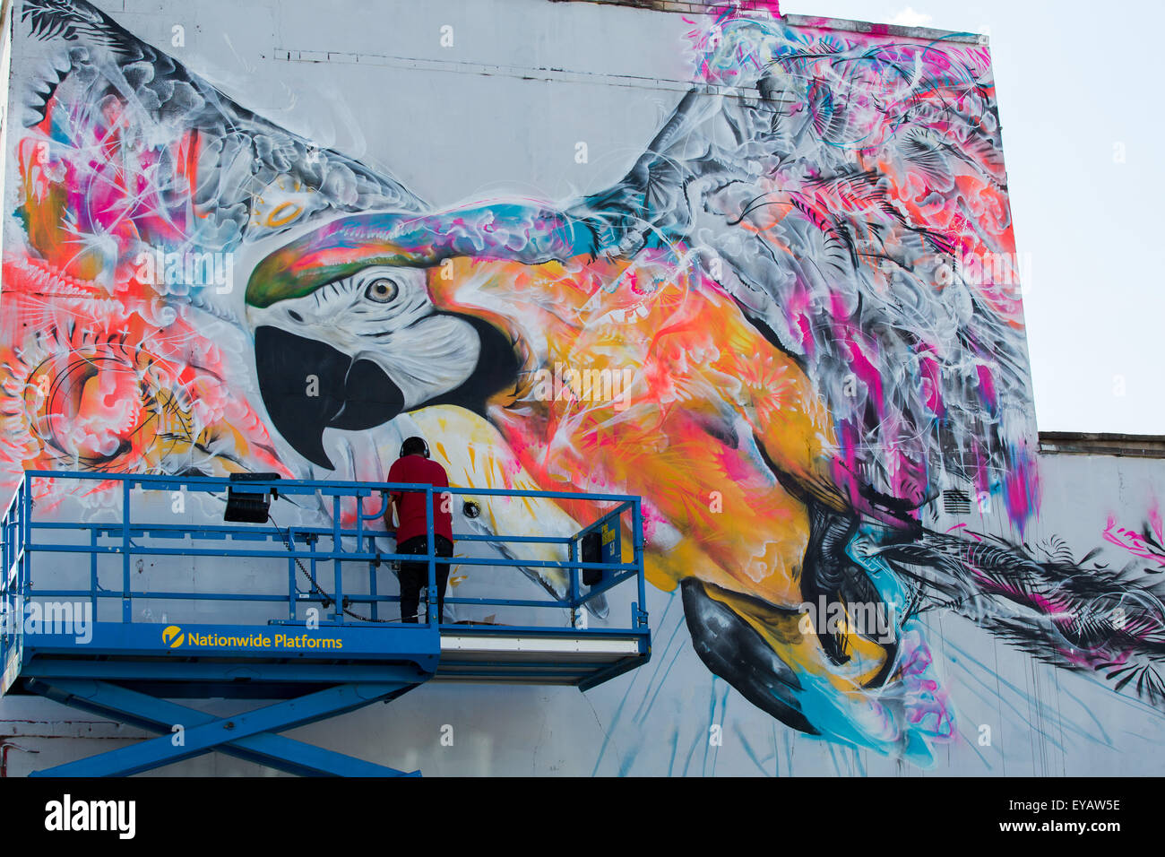 Bristol, UK. 25. Juli 2015. Tausende versammeln sich in Bristol für die Upfest street Art und Graffiti-Festival. Auf dem Festival brasilianische Street-Artist LM7 schafft eine beeindruckende Kunstwerk auf der Seite der Freimaurer Pub Credit: Paul Smith/Alamy Live News Stockfoto