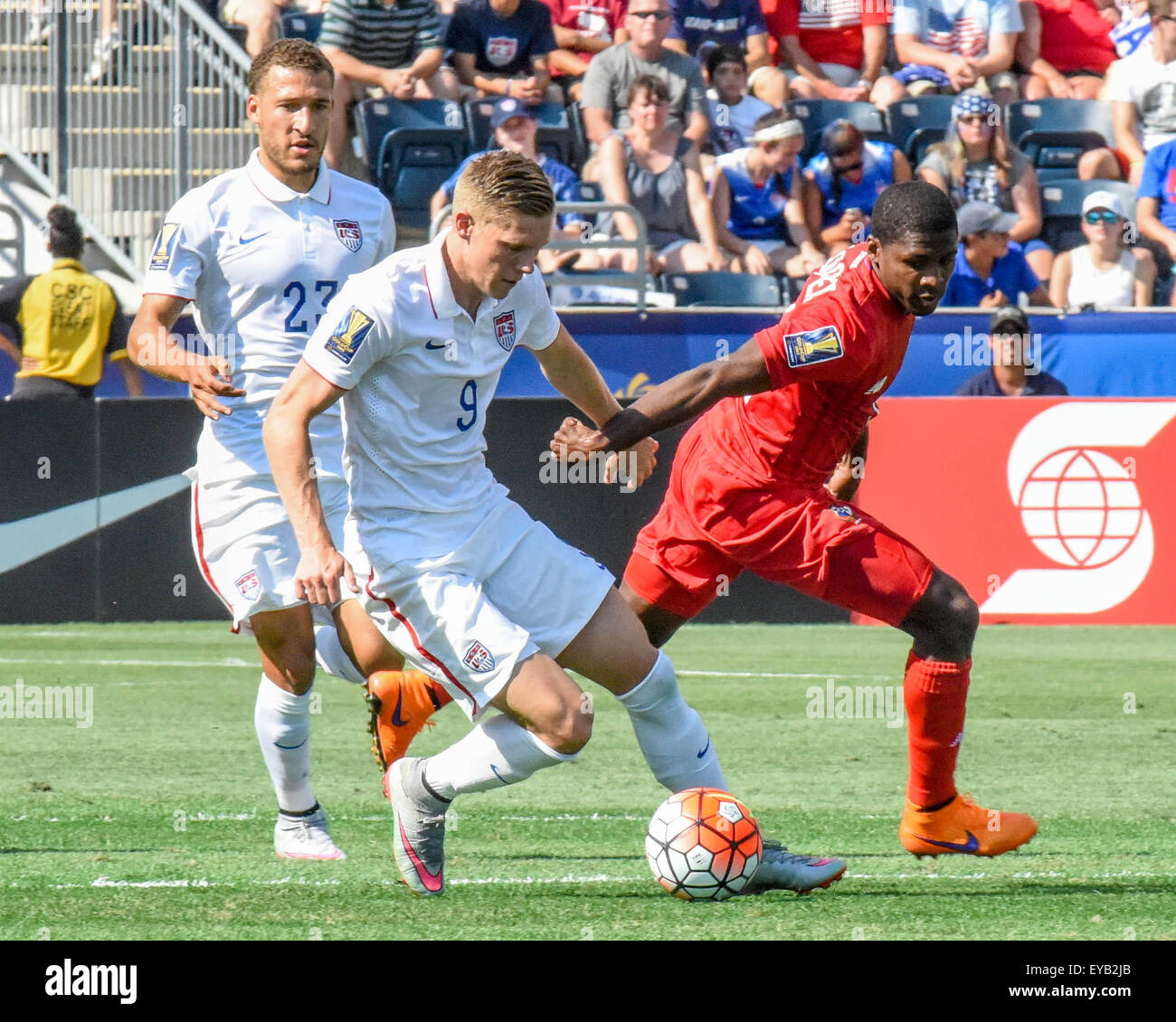 Panamasche Fußballmannschaft besiegt die Usa Mens Fussballnationalmannschaft auf Penalty Kicks in der dritten Platz Spiel des CONCACAF Gold Cup | Professional Soccer/Football spieler Showcase Athletik und konkurrierende Antrieb auf dem Spielfeld in Chester, Pennsylvania | Amerikanische Athleten/USMNT konkurrieren und verlieren im WM-Tune-up | Stockfoto