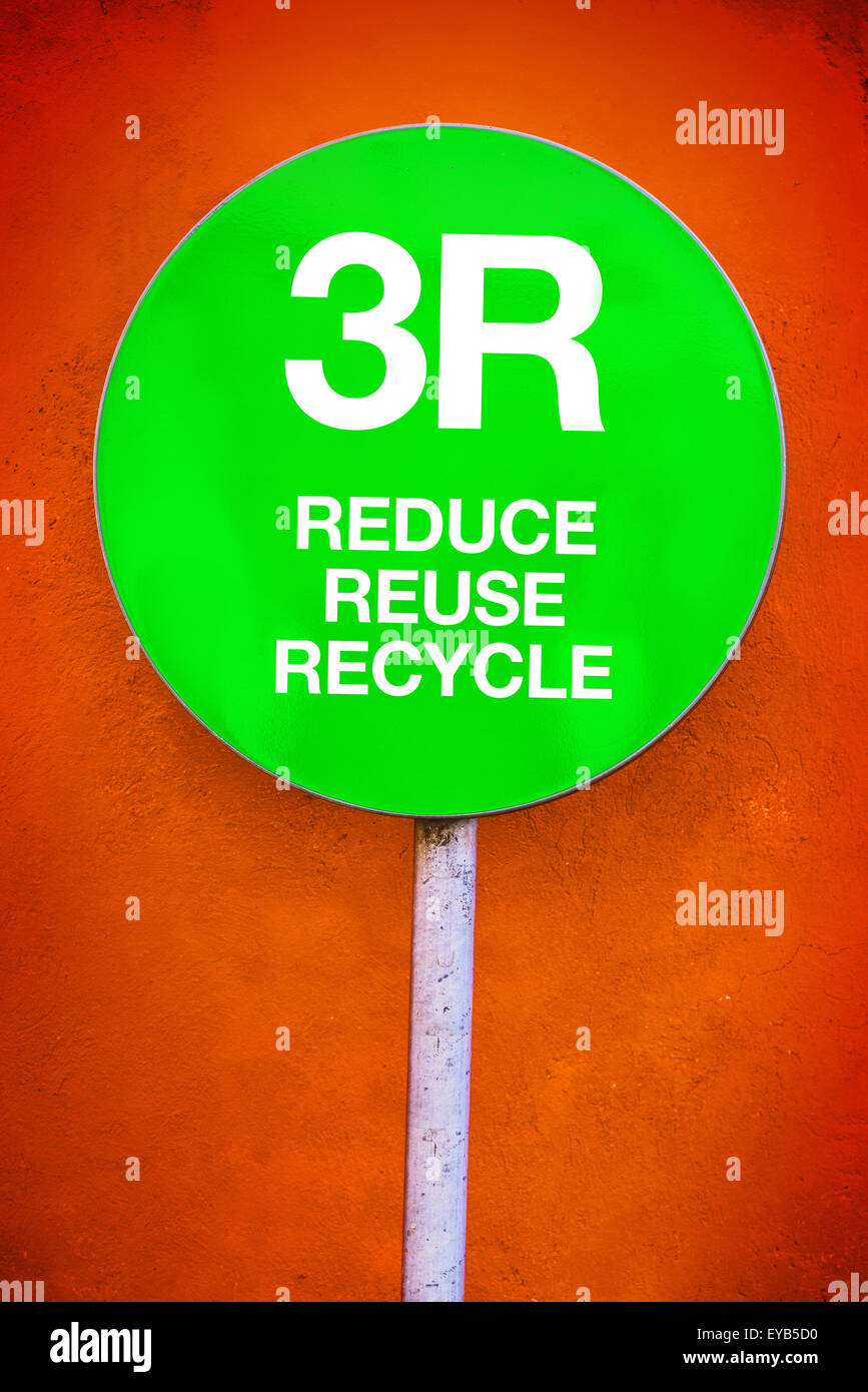 3R - Verringerung, Wiederverwendung, Recycling, grünes Schild für Ökologie und Umwelt unter dem Motto Konzept Stockfoto