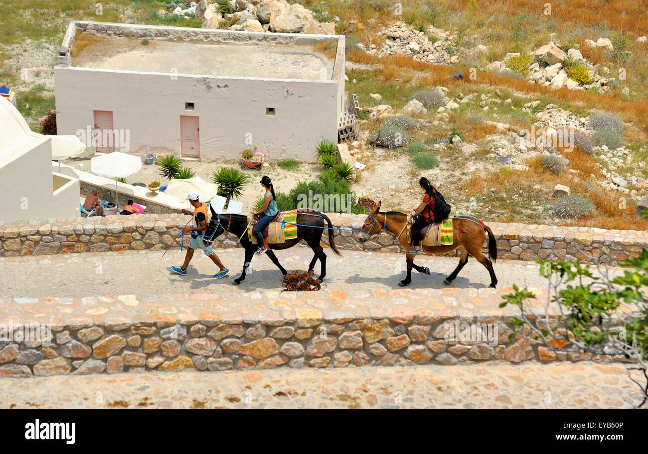 Zwei weibliche Touristen Esel reiten hinunter die Straße von antiken Thira, der Badeort von Kamari, Santorini, Griechenland Stockfoto