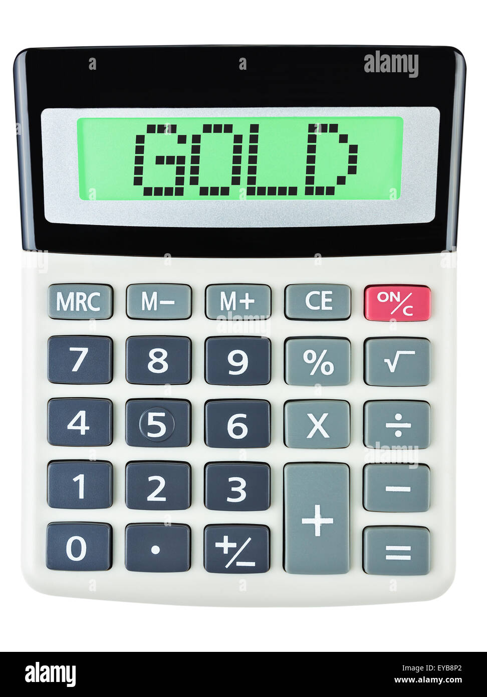 Taschenrechner mit GOLD auf dem Display isoliert auf weißem Hintergrund Stockfoto