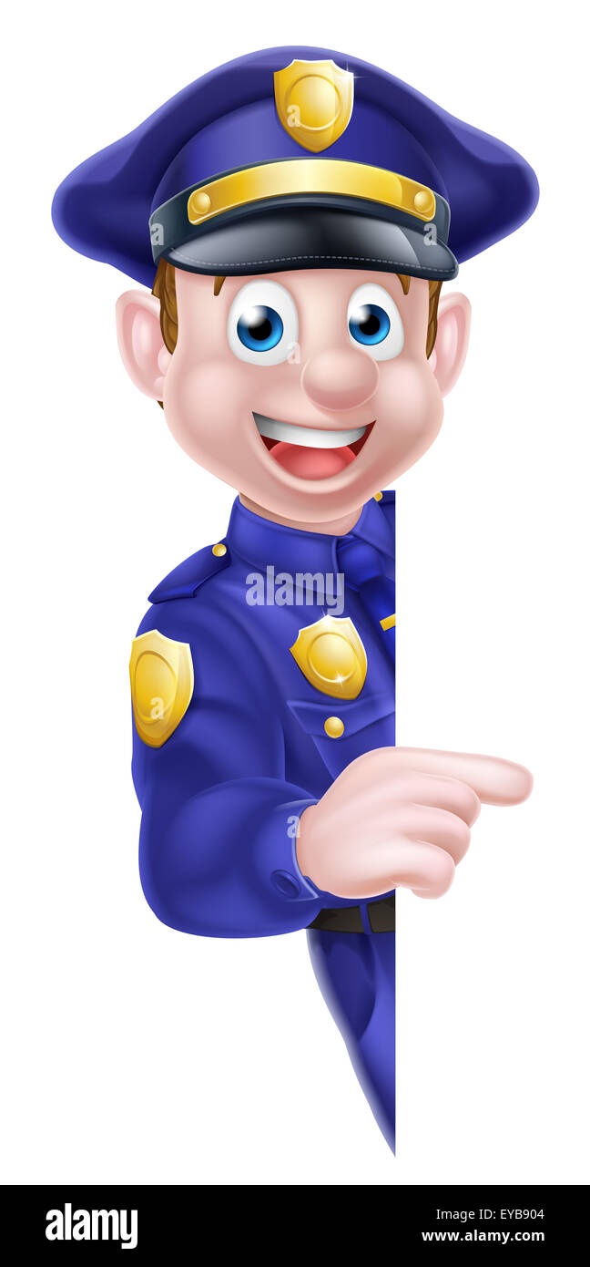 Ein Cartoon freundliche Polizist gelehnt um ein Zeichen und darauf zeigen Stockfoto