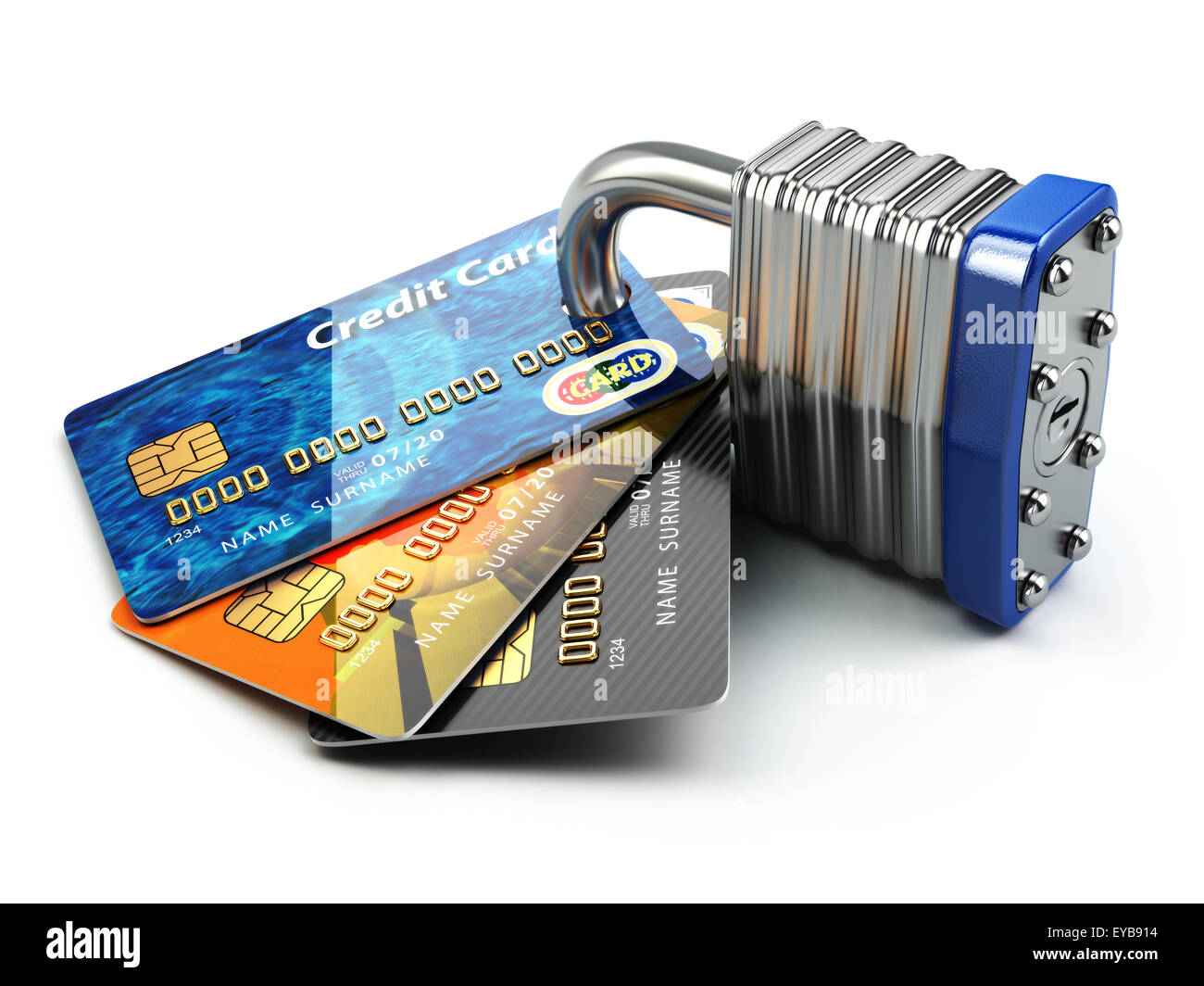 Sichere Zahlung Internet online-shopping-Konzept... Kreditkarten und Vorhängeschloss. 3D Stockfoto