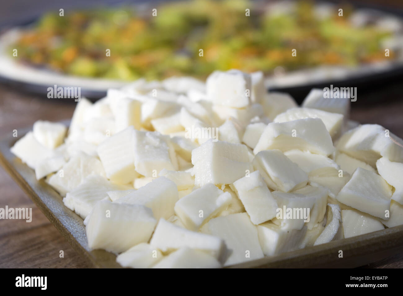 Zutaten für Pizza: Cube von italienischen Mozzarella Stockfoto