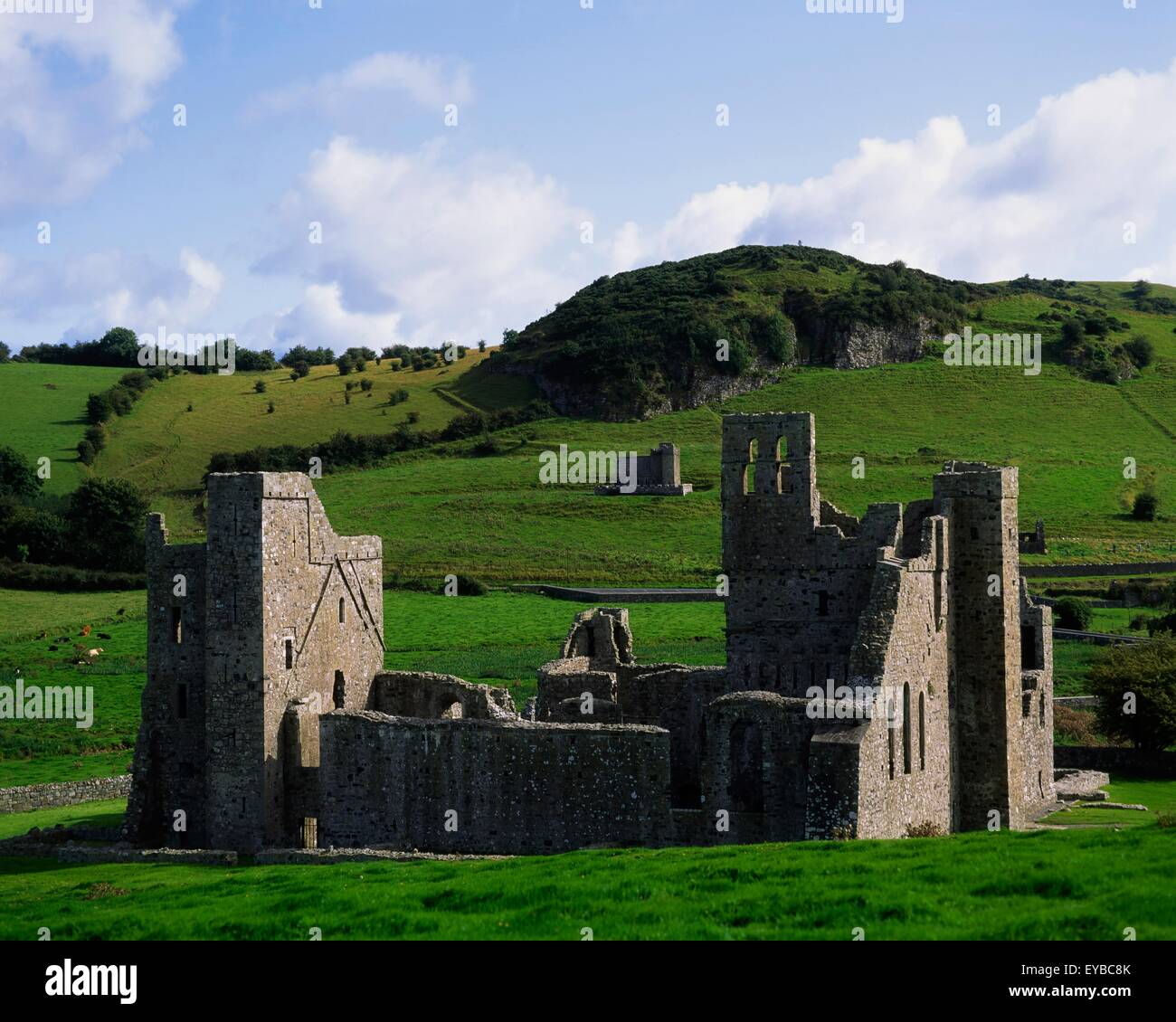 Fore Abtei, Co. Westmeath, Irland; Abtei mit Einsiedler der Kirche im Hintergrund Stockfoto