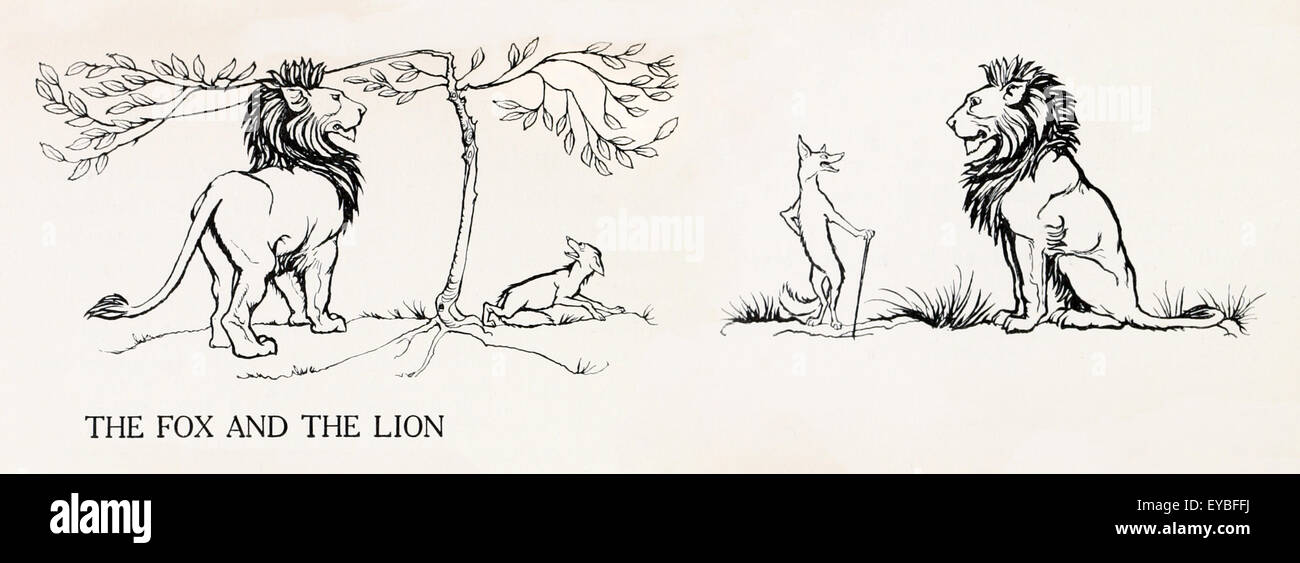 "Der Fuchs und der Löwe" Fabel von Aesop (ca. 600). Illustration von Arthur Rackham (1867-1939). Ein Fuchs hatte nie ein Löwe vor, so wenn sie zufällig die Löwen zum ersten Mal traf sie alle aber der Schreck starb. Zum zweiten Mal, das Sie ihn sah, war sie immer noch Angst, aber nicht so viel wie vorher. Bereits zum dritten Mal war der Fuchs kühn genug sind, gehen Sie nach rechts bis zu den Löwen und sprecht mit ihm. Vertrautheit Rassen Verachtung oder Bekanntschaft überwindet Angst. Siehe Beschreibung für mehr Informationen. Stockfoto