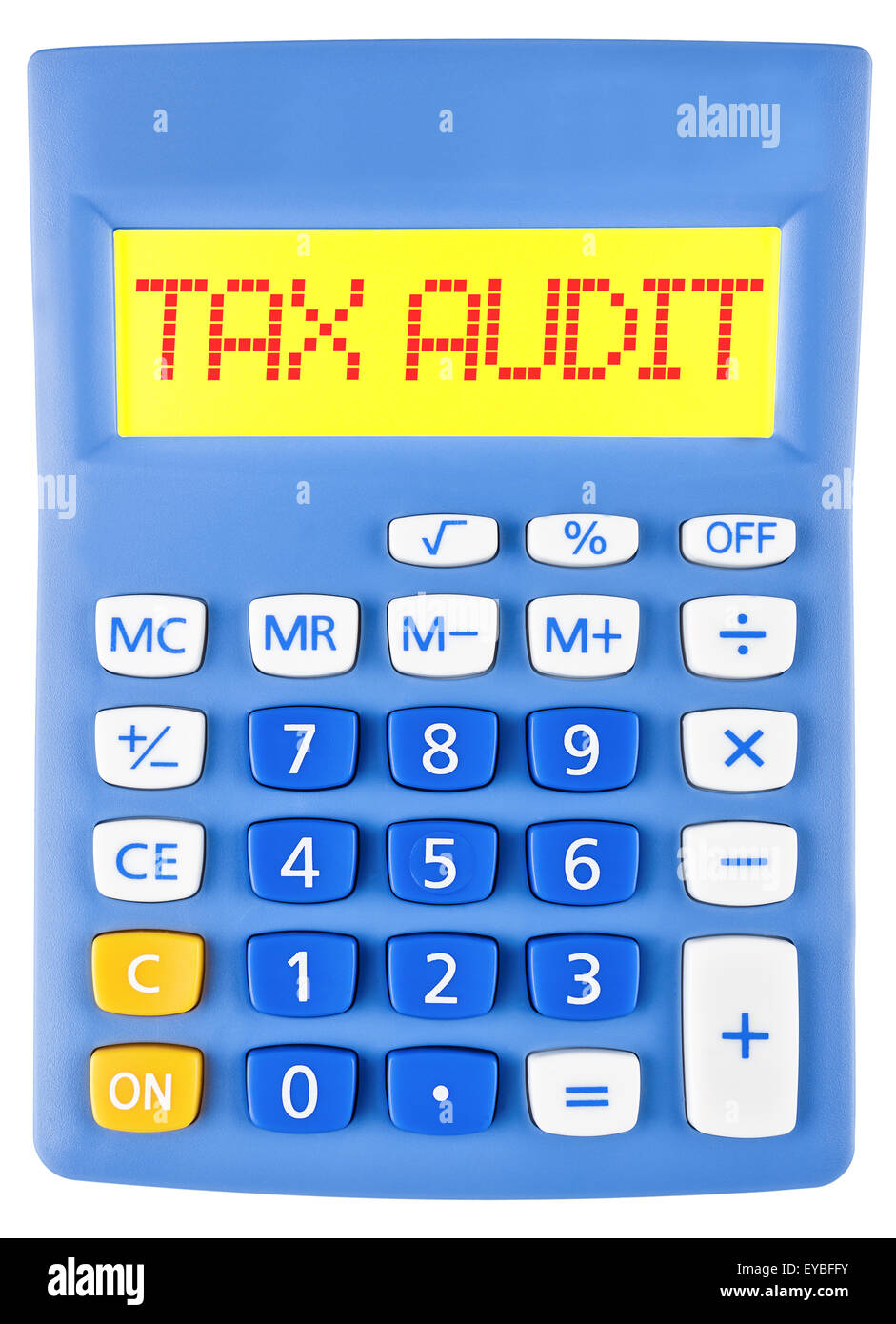 Taschenrechner mit steuerlichen BETRIEBSPRÜFUNG auf weißem Hintergrund Stockfoto