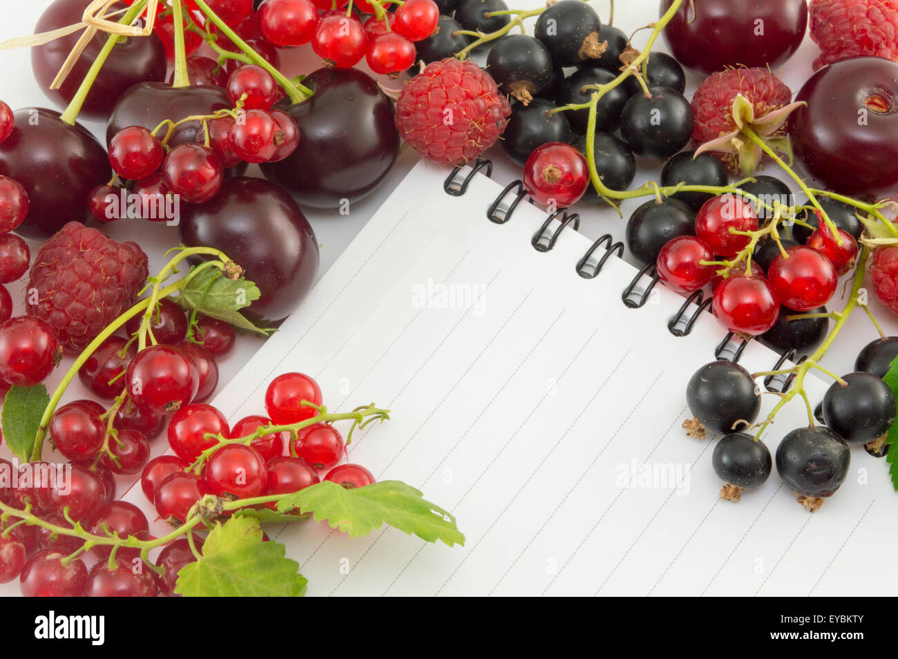 Bunt rot und natürliche Beere um Notebook angeordnet Stockfoto