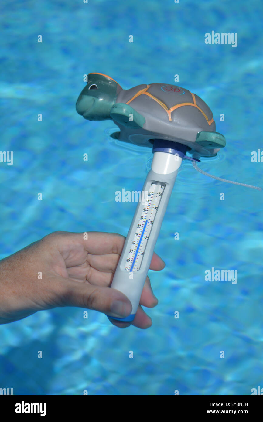 Messung der Wassertemperatur bei 31C in einem Schwimmbad mit einem aquatischen Thermometer in Spanien während einer Hitzewelle. Stockfoto