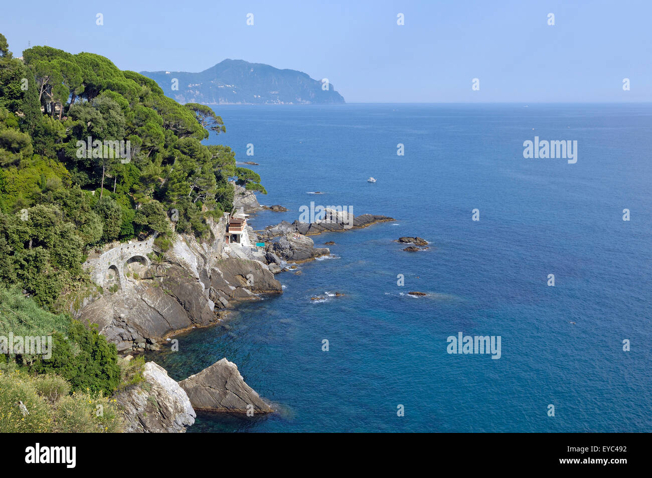 einen Einblick in die wilde Küste Liguriens in der Nähe von Pieve Ligure Stockfoto