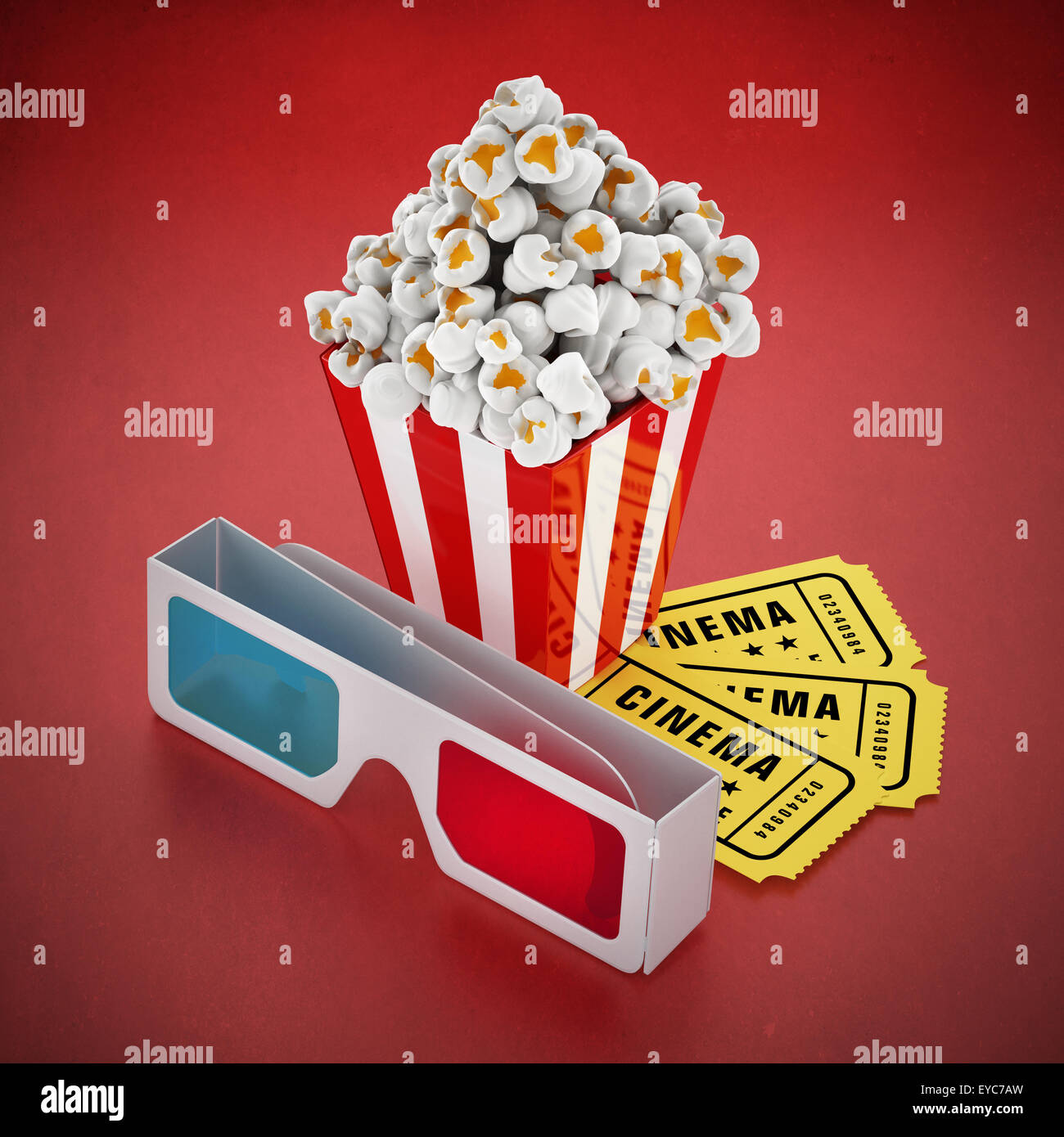 Popcorn, 3D-Brille und Kinokarten auf rotem Grund. Stockfoto