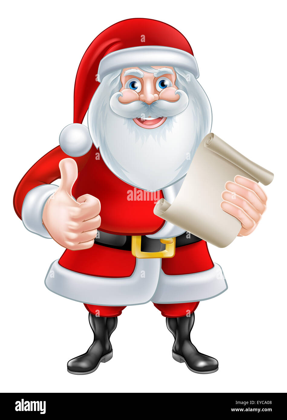 Cartoon Weihnachtsmann mit seinem Weihnachten Liste scrollen oder Brief tun einen Daumen nach oben und lächelnd Stockfoto
