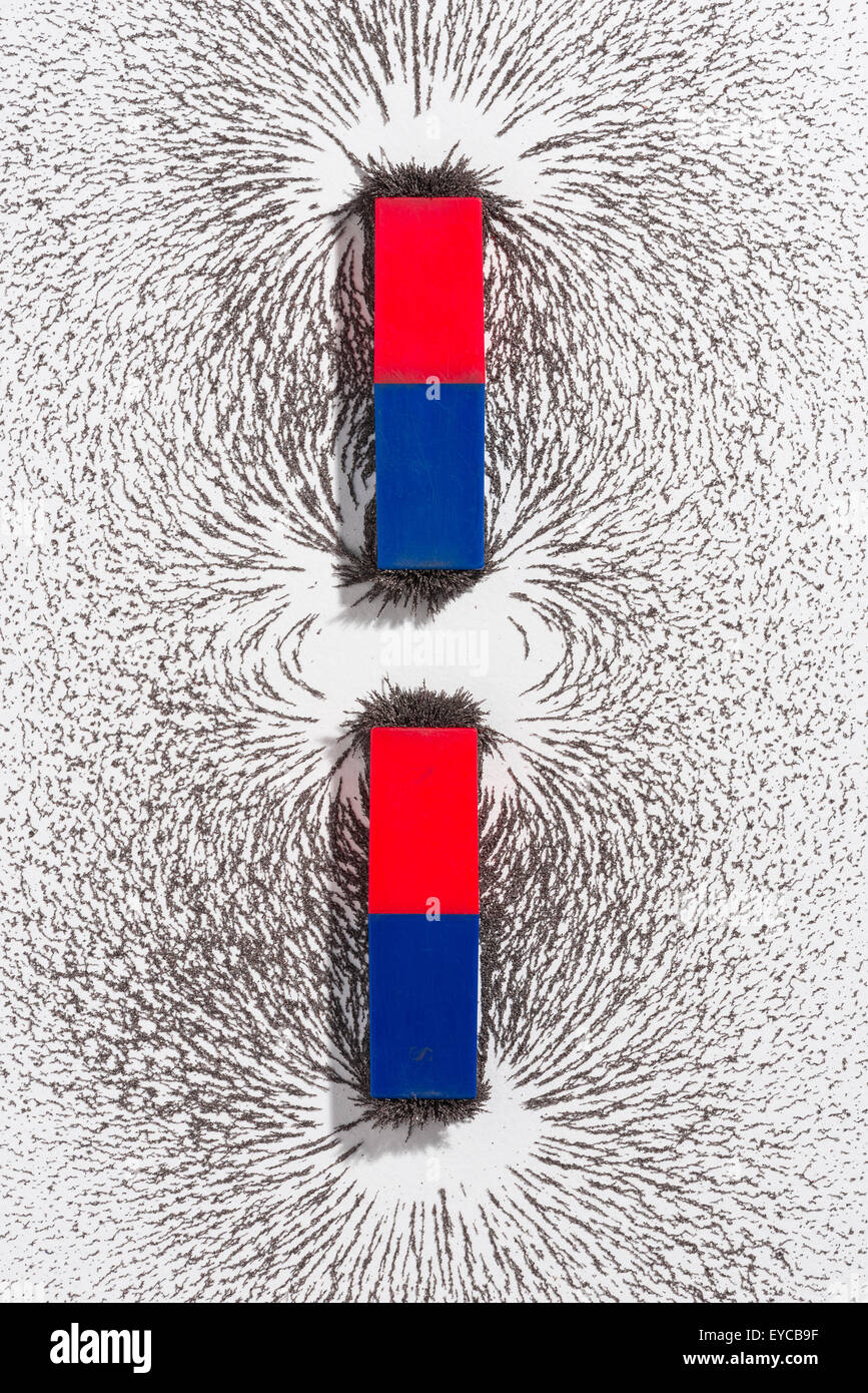 Anziehung und Abstoßung Eisen-Metall-Partikel richten sich entlang der  magnetischen Feldern Linien erstellt durch einen Balken Magnet unsichtbar  zu sehen Stockfotografie - Alamy