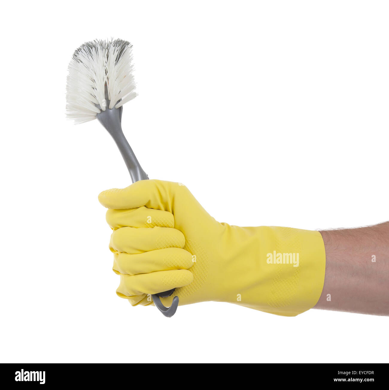 Hand mit einem Schutz-Handschuh hält eine Schüssel-Bürste Stockfoto