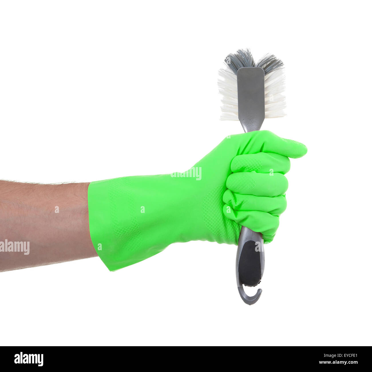 Hand mit einem Schutz-Handschuh hält eine Schüssel-Bürste Stockfoto