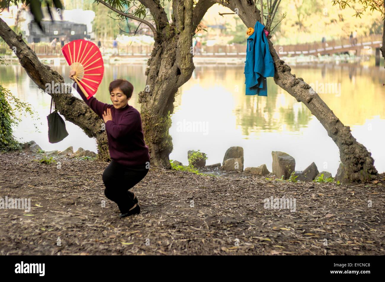 Eine Frau praktiziert Tai Chi mit einem Ventilator in einem Park in Shanghai, China. Stockfoto