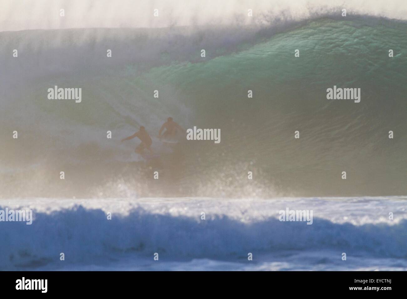 Zwei Surfer auf der Welle, Hawaii Stockfoto