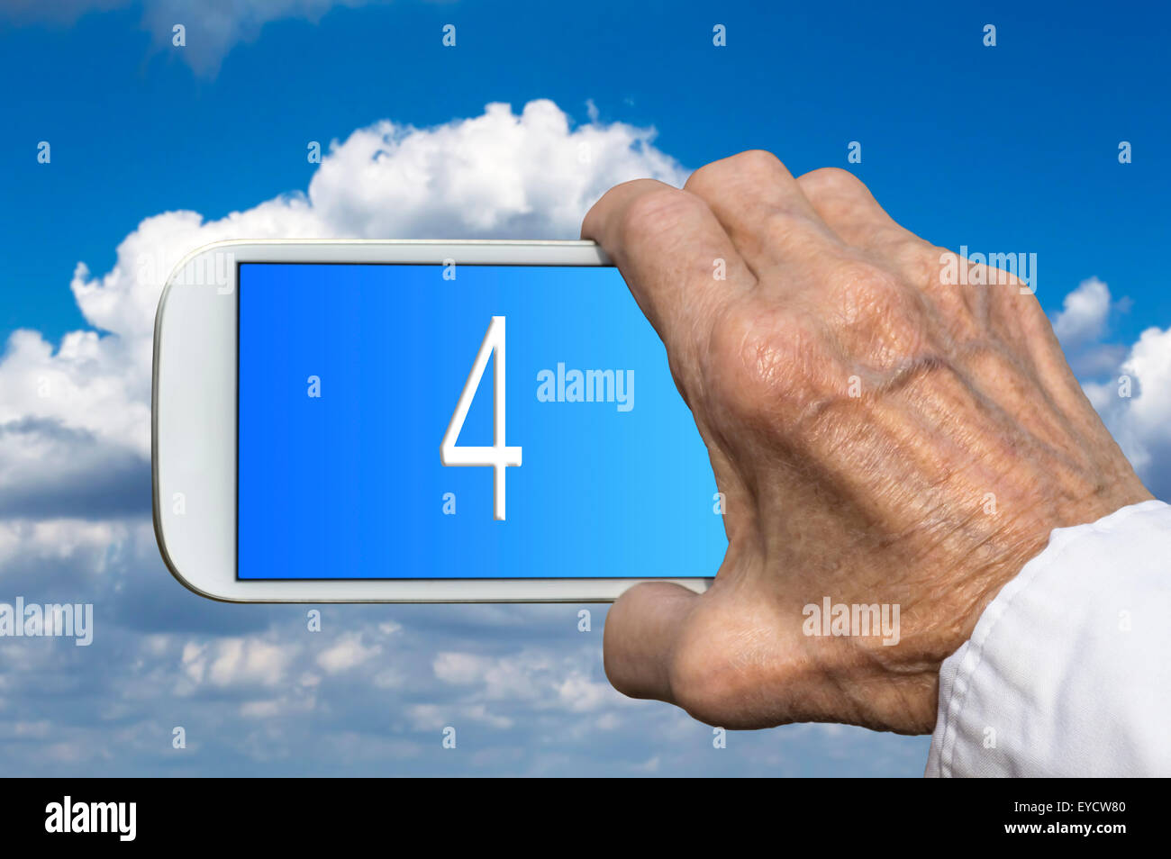 Das Smartphone im Alter Hase mit Nummer vier auf dem Bildschirm. Selektiven Fokus Stockfoto