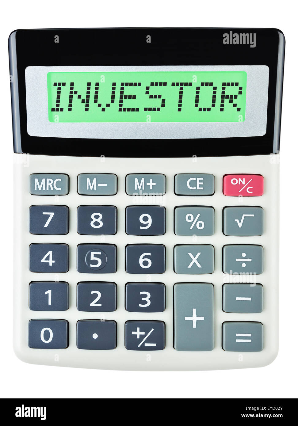 Taschenrechner mit INVESTOR auf dem Display auf weißem Hintergrund Stockfoto