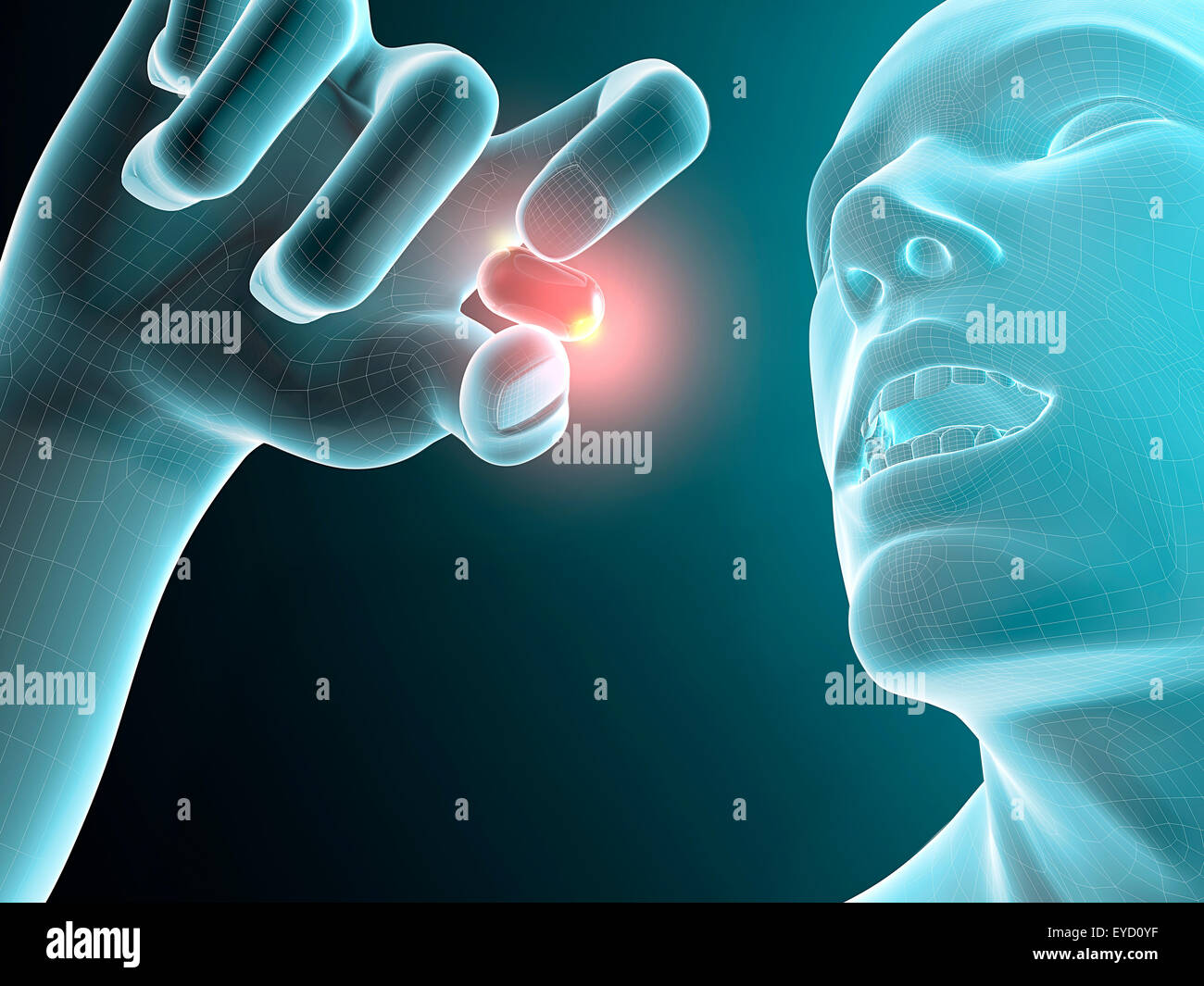 Abbildung des Menschen nimmt die rote Pille Stockfoto