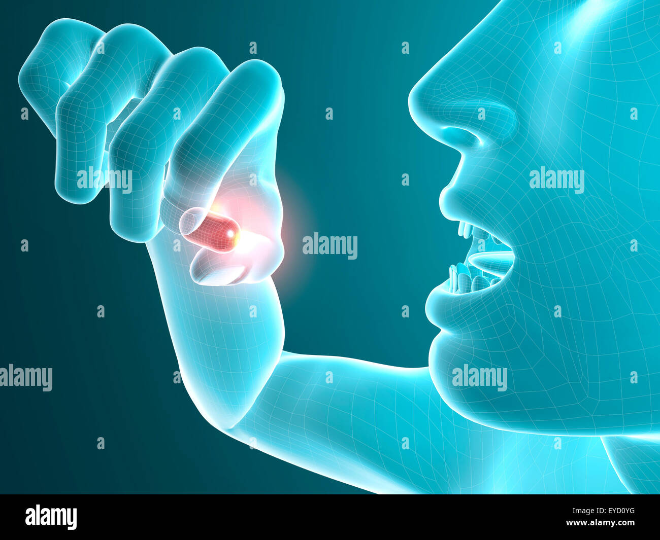 Abbildung des Menschen nimmt die rote Pille Stockfoto