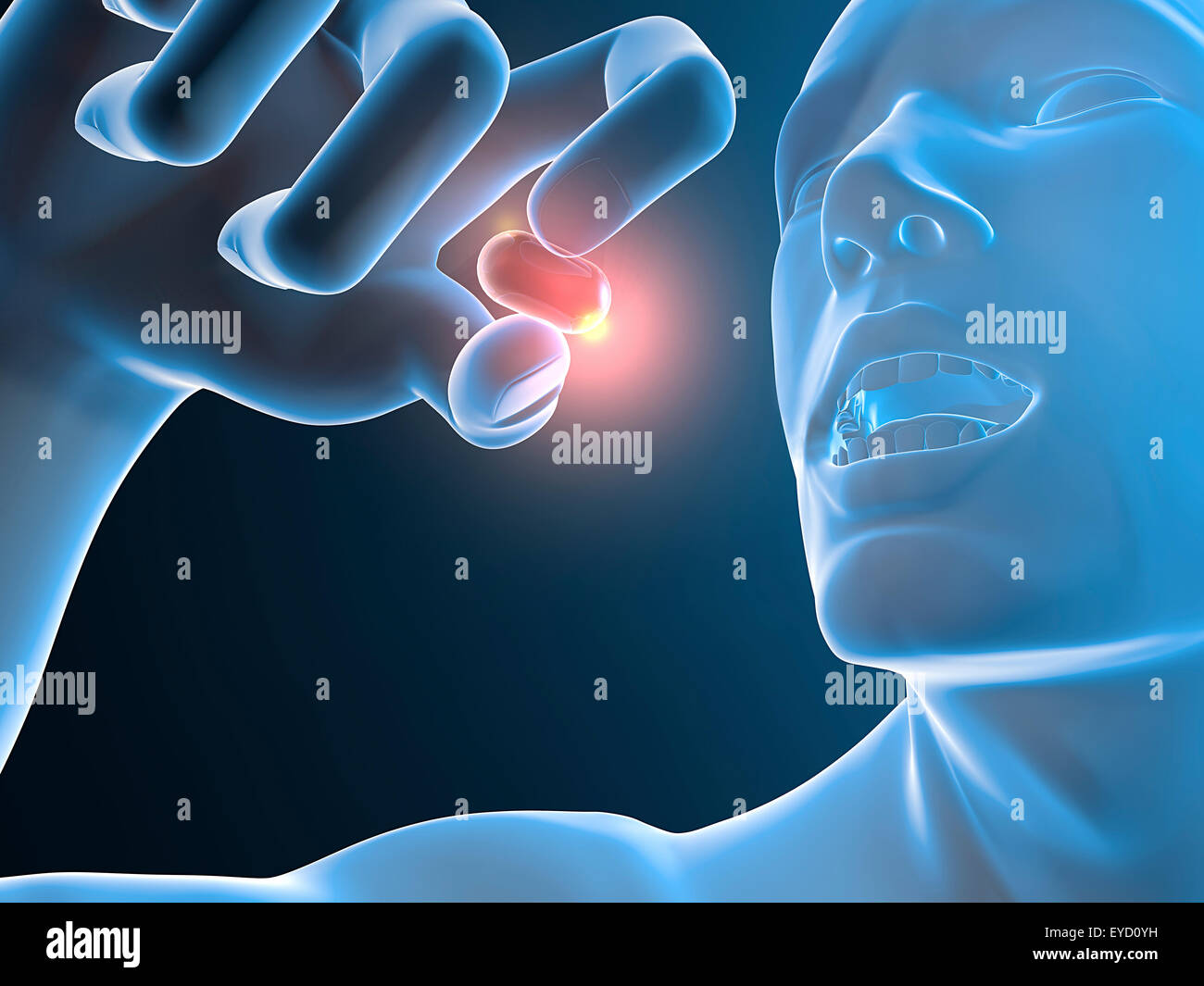 Abbildung des Menschen nimmt die rote Pille Stockfoto