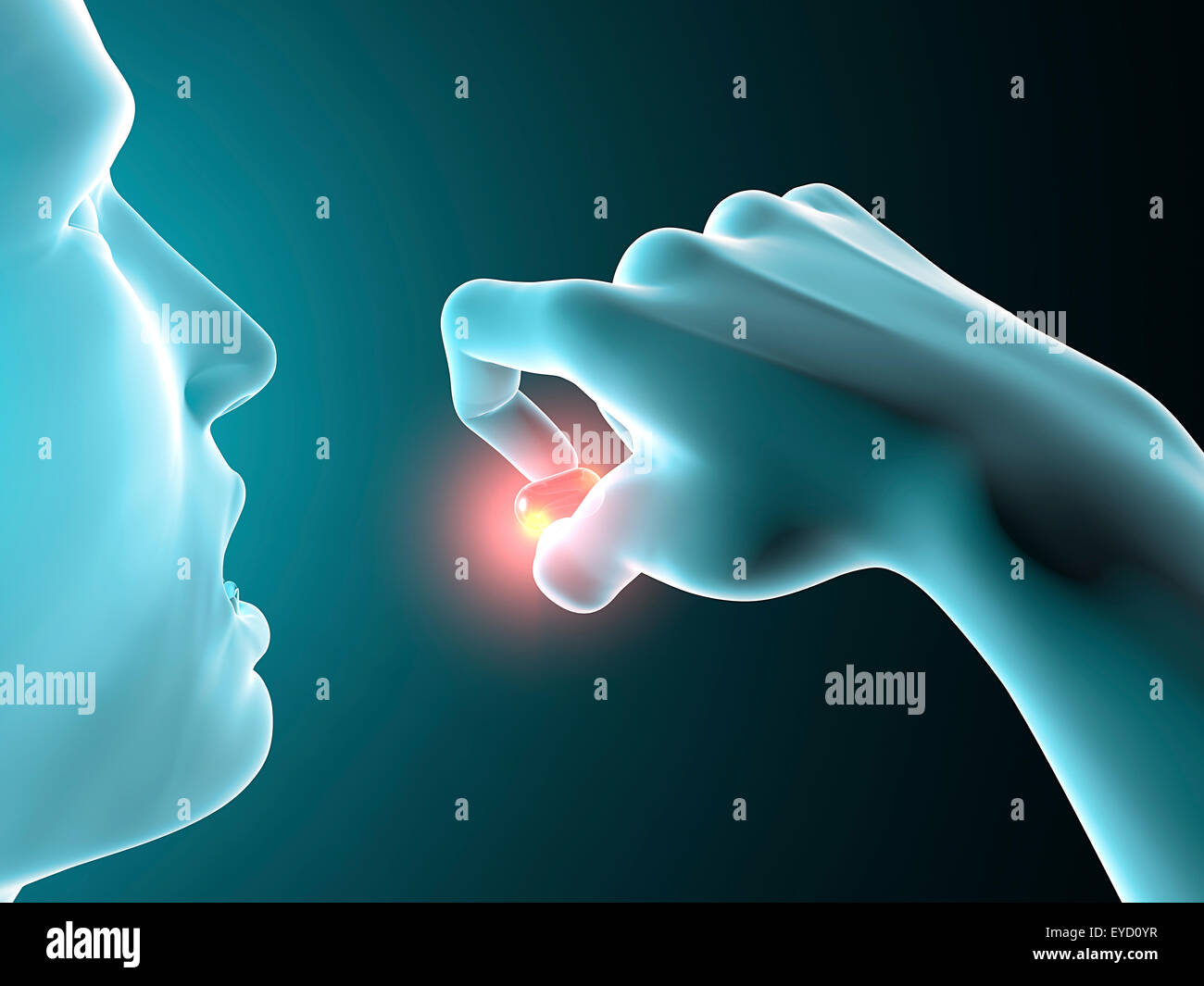 Abbildung des Menschen nimmt die rote Pille Stockfoto