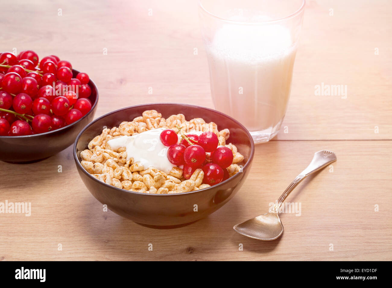 Stilllife Frühstück mit Müsli, Obst und Milch Stockfoto