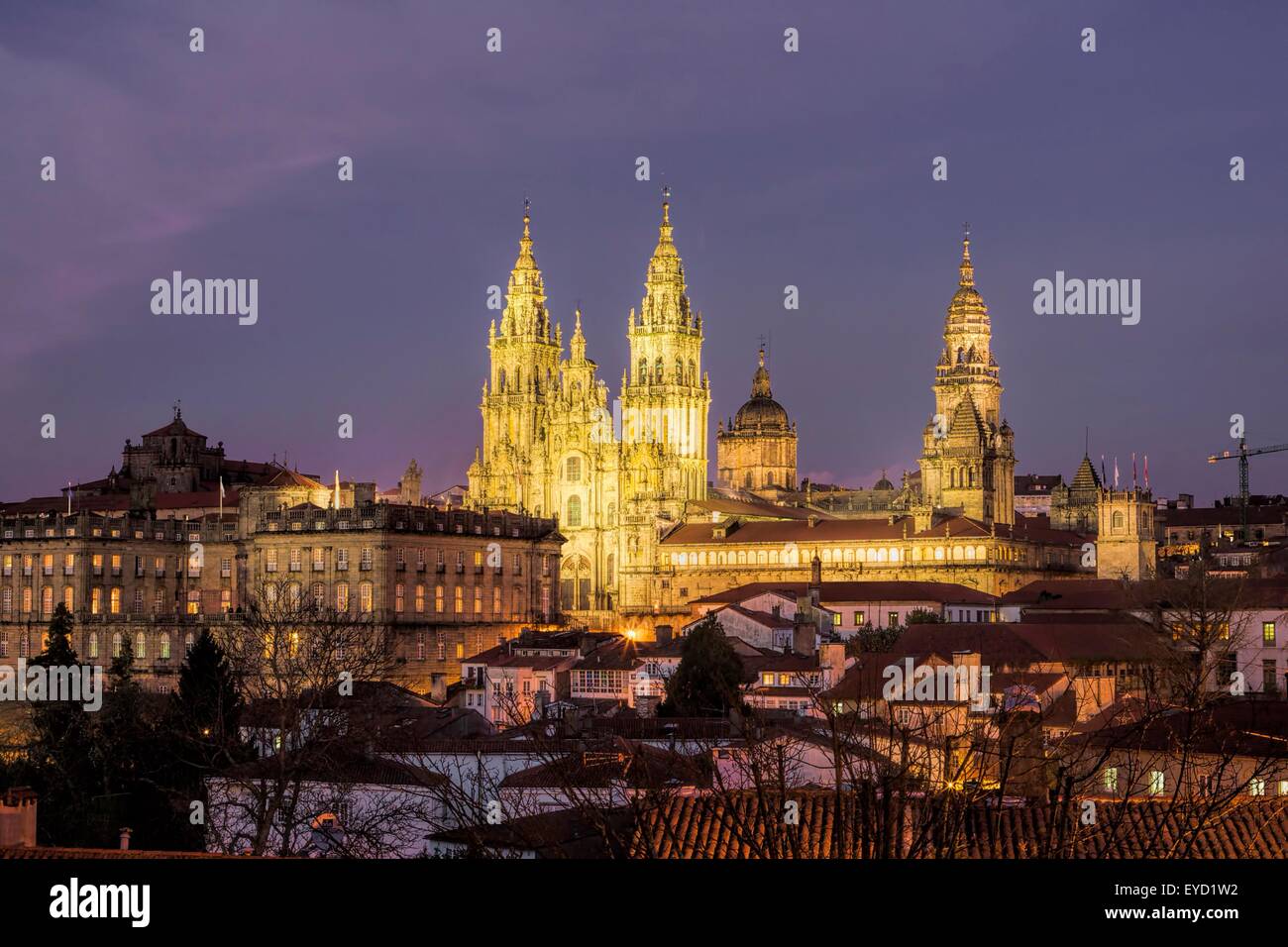 Abenddämmerung Schuss von der Kathedrale von Santiago de Compostela in Galicien, Spanien Stockfoto