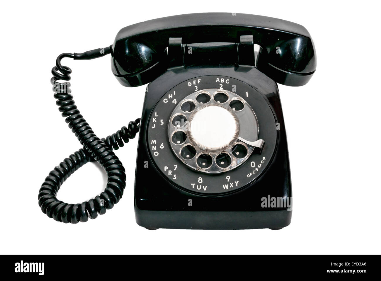 Klassische schwarze Wählscheibe Telefon isoliert auf weiss Stockfoto